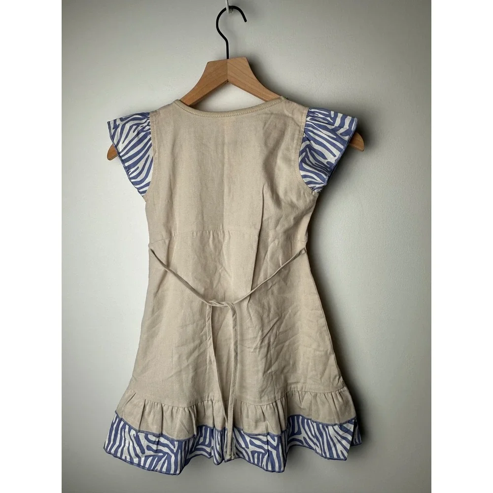 Hooligans Kids Dress 5-6 Years Beige Blue Africa Embroidered Cotton‎